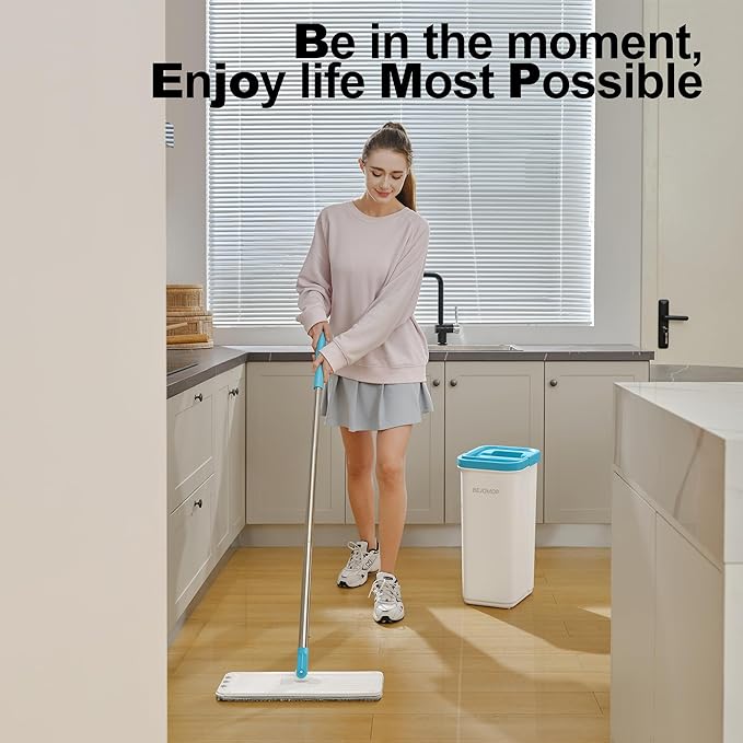 BEJOMOP Mop and Bucket Set with Wringer, Dry & Wet Wall Mop Cleaner with Long Handle, Flat Squeeze Spin Dust Mop for Household Floor Cleaning with 4 Microfiber Mops, Turquoise-Cyan
