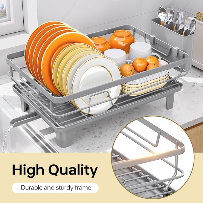 TOOLF Space-Saving Dish Drying Rack, Multifunctional Dish Rack for Kitchen Counter,Sink Dish Drainer Rack, Dishes Strainer with Drain Board & Cutlery Holder, Compact Dryer Rack,Gray