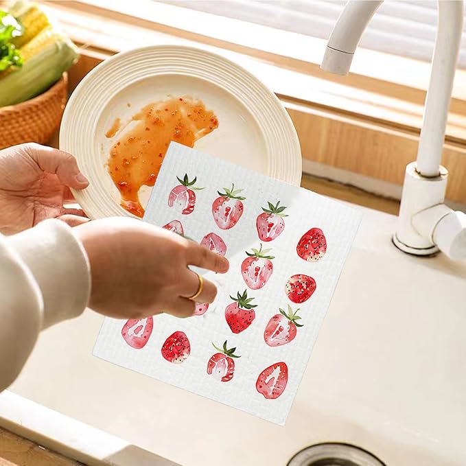 LARTSFRO Strawberries Swedish Dishcloths for Kitchen, Pink Swedish Dish Cloths for Friut, Papaya Reusable Paper Towels, 4 Pack Cleaning Cloth for Kitchen, Reusable Paper Towels Washable