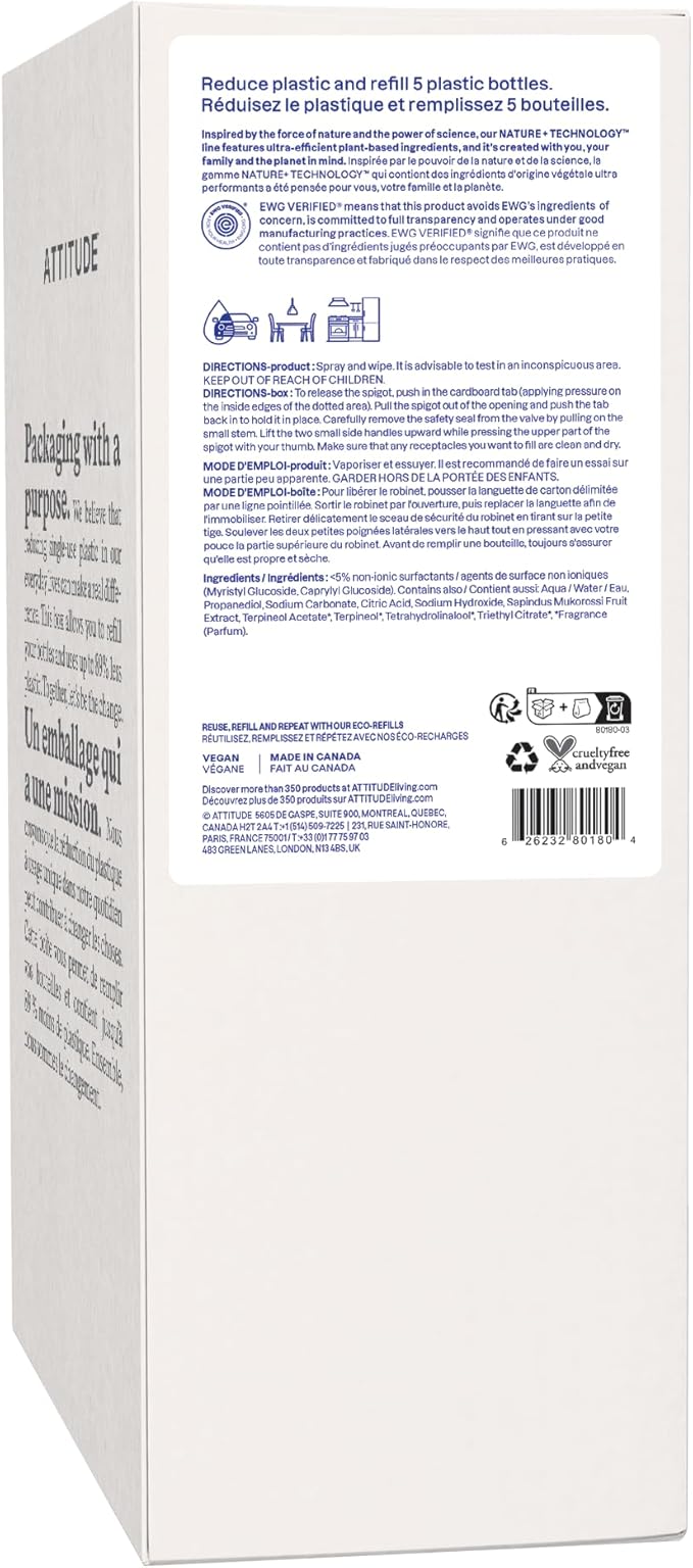 ATTITUDE All-Purpose Cleaner Refill, EWG Verified, Plant-Based & Vegan, Multi-Surface Cleaning Spray, Citrus Zest, 135.26 Fl Oz