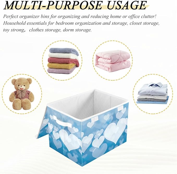 senya Valentines Baskets Collapsible Storage Bins with Lids, Blue Abstract Heart Storage Boxes Clothes Baskets for Organizing