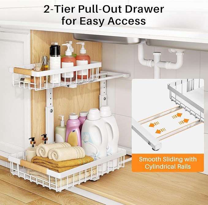 PXRACK(Small Version)2 Pack Under Sink Organizer,Adjustable Height,2 Tier Pull Out Under Cabinet Organizer,Slide Out Thickened Metal Storage Shelf for Kitchen Bathroom Laundry Pantry Cabinet,White