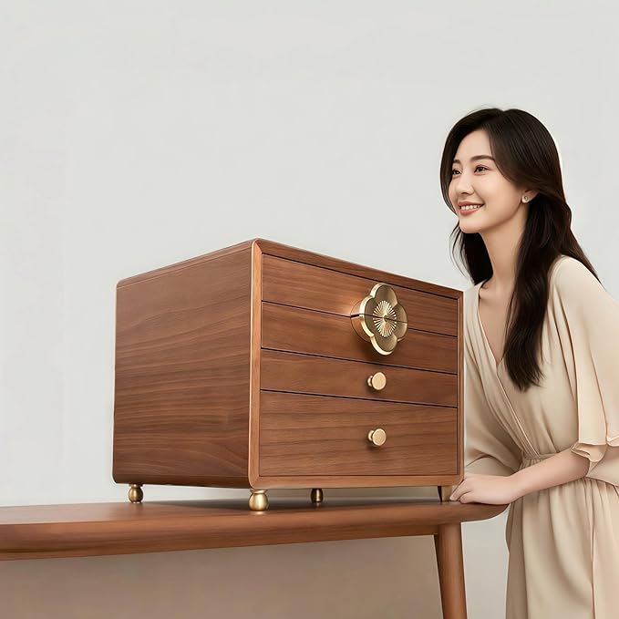 Black Walnut Jewelry Box for Women, 4-Layer Wooden Organizer with Glass Lid, for Watches, Necklaces, Rings & Earrings Storage Gifts