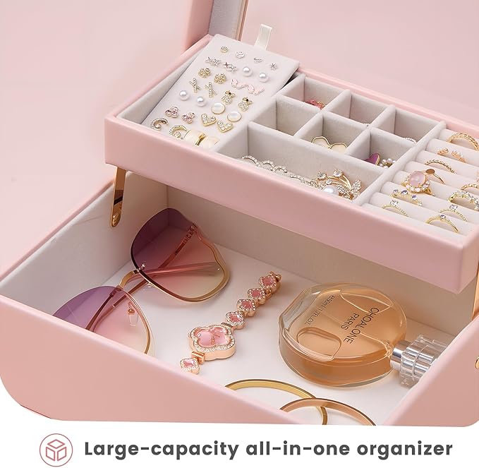 Lolalet Jewelry Box, Clear Window Jewelry Organizer with Drawer for Earrings Bracelets Necklaces Rings, Jewelry Storage for Women -Pink, 3 Layers