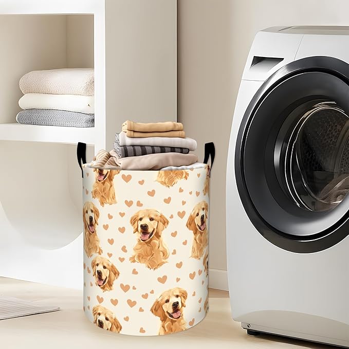 Cute Golden Retrievers with Hearts Laundry Basket with Handles, 19.7"x15.7" Clothes Foldable Laundry Hamper Organizer for Dorm Nursery Bedroom Bathroom Decor, Toy Storage Bin for Kids