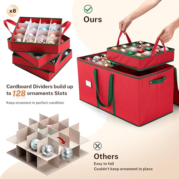 MaidMAX Christmas Ornament Storage Box Holiday Decoration Organizer, 128 Christmas Ball Accessories Holder with Adjustable Dividers, 8 Removable Trays, 600D Oxford, Zippered Closure (RED)