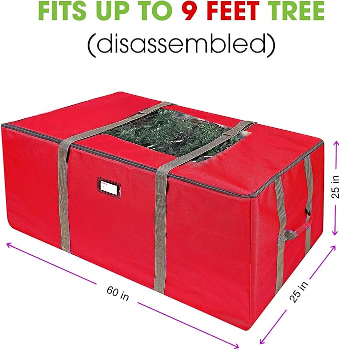 ProPik Rolling Christmas Tree Storage Bag, Fits Up to 9 Foot Tall Disassembled Trees, 25" X 25" X 60", Extra Large Heavy Duty Xmas Container with Wheels, Handles and Straps (Red)
