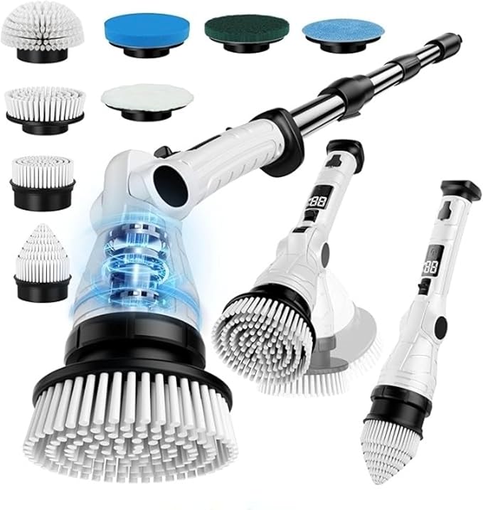 Electric Spin Scrubber – Cordless Power Cleaner with 8 Brush Heads, Long Adjustable Handle, 3 Speed for Deep Bathroom, Tile, Floor & Tub Cleaning, 6-Angle Adjustable