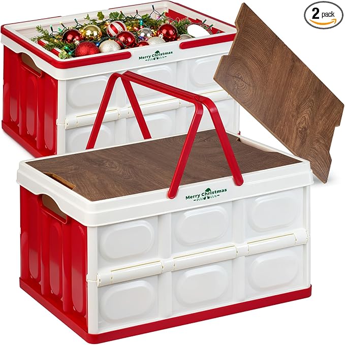 Christmas Storage Box 50L 2 Pack, Foldable Storage Box with Wood Lid & Handles, Includes Christmas Stickers for DIY, Multifunctional Wood Top for Holiday Decor, Gift, Fruit Cutting & Home Organization