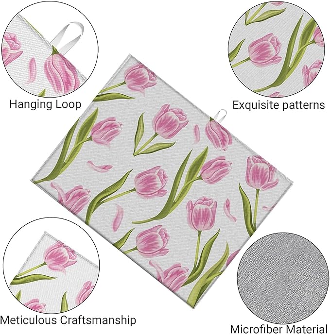 Dish Drying Mat For Kitchen Counter, Pink Tulip Flower Microfiber Absorbent Dish Drainer Rack Pad Reusable Large 18x24in Drying Mat