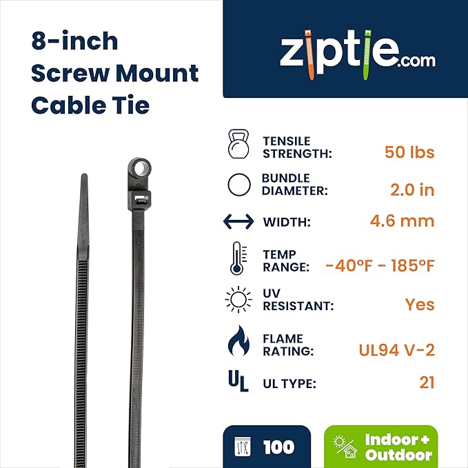 ZipTie.com 8-Inch Black Zip Ties With Screw Hole - 50-lb Tensile Strength Cord Management & Secure Mounting - UL 21 Listed Tie Wraps - Indoor & Outdoor Multi-Purpose (100-Pack)