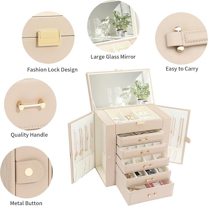 Jewelry Storage Box, Jewelry Organizer with 22 Necklace Hooks, Large Jewelry Box for Ring Bracelet Necklace Earrings (Apricot)