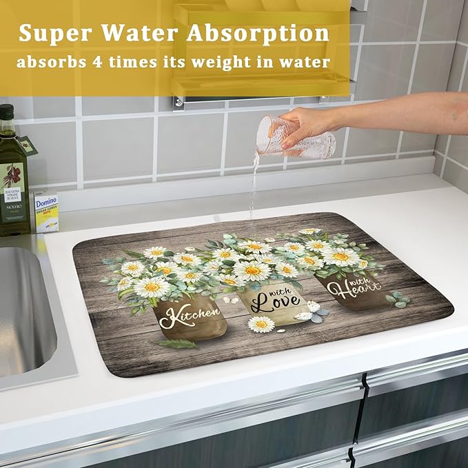 Flower Vase Dish Drying Mats 18×24 Inch Rustic Wood Reversible Microfiber Kitchen Countertop Protector Fast Dry Dish Drainer Rack Pad