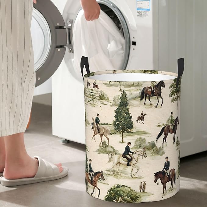 Laundry Hamper with Handles, Horse Riding Pattern, Collapsible Storage Basket, 15.7x19.6 inches (Vintage Equestrian Horse Racing)