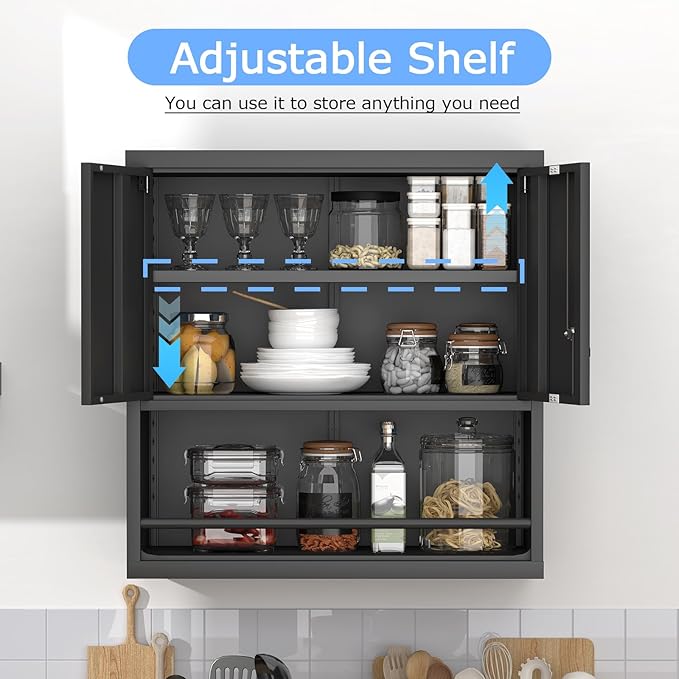 Garage Storge Cabinet, Metal Wall Storage Cabinet with Lock, Wall Mounted Heavy Duty Steel Tool Cabinet with Door and Shelf, Hanging Cabinet for Garage Warehouse Bathroom Kitchen