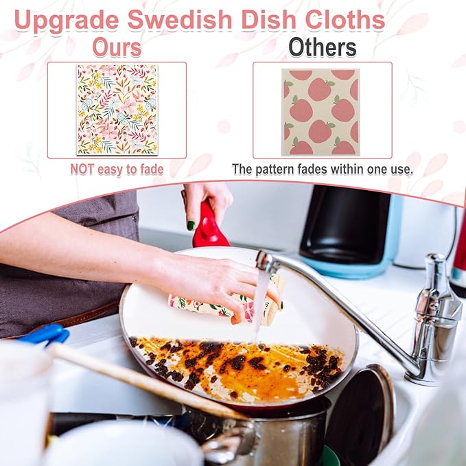 Lucomb 10 Pack Swedish Dishcloths with Hooks, Cellulose Reusable Kitchen Towels Super Absorbent Paper Towels Dish Cloth for Home Kitchen Dishes Cleaning (Quick Drying & Washable Decorative)