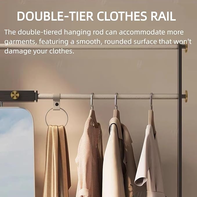 Free-Standing Clothes Rack 43IN (2 Drawers) (Metal Hanging Rod Hook) Full-Length Mirror, Beige Dress Up Closet Organizer