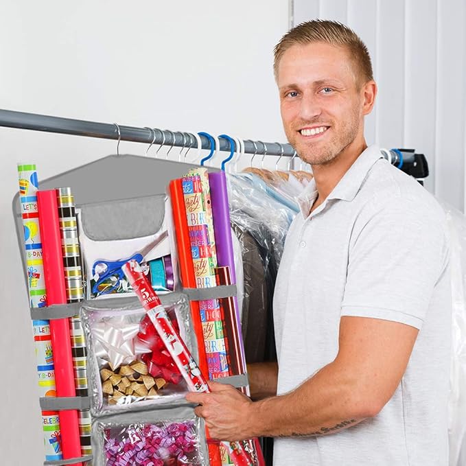 ProPik Hanging Double Sided Christmas Wrapping Paper Storage Organizer With Multiple Pockets, Organize Gift Wrap, Bows, Ribbons - 40"X17" Fits 40 Inch Rolls - Clear PVC Bag (Grey)