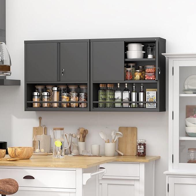 Garage Storge Cabinet, Metal Wall Storage Cabinet with Lock, Wall Mounted Heavy Duty Steel Tool Cabinet with Door and Shelf, Hanging Cabinet for Garage Warehouse Bathroom Kitchen