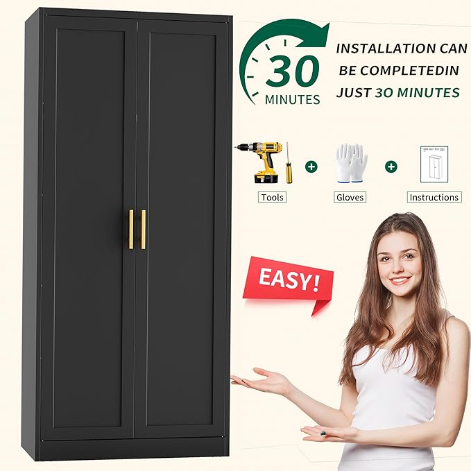 CJF Black Kitchen Pantry Cabinet,71 Inch Tall Metal Storage Cabinet with 4 Adjustable Shelves and Doors, Freestanding Pantry Cabinet for Kitchen, Living Room, Dining Room, Bathroom, Easy to Assemble