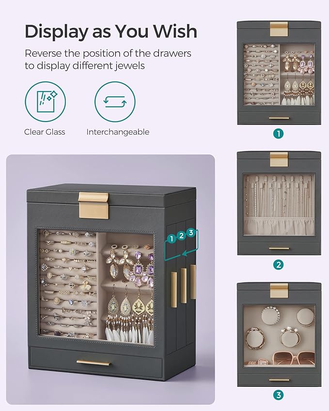 SONGMICS Jewelry Box with Glass Window, 5-Layer Jewelry Organizer with 3 Side Drawers, Jewelry Storage, with Big Mirror, Modern, 6.1 x 10.3 x 12.6 Inches, Slate Gray and Metallic Gold UJBC162G01