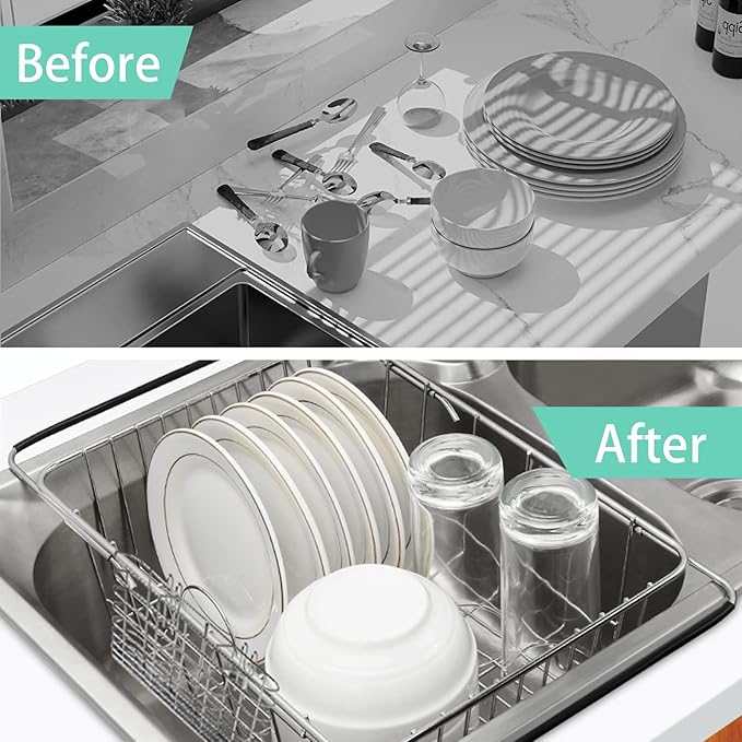 BTLATHA Sink Dish Drainer Rack, Expandable 304 Stainless Steel Dish Drying Rack Organizer with Stainless Steel Utensil Rack, Adjustable 15.35" to 20.47" Inside The Sink (up to 13 Upright Utensils).