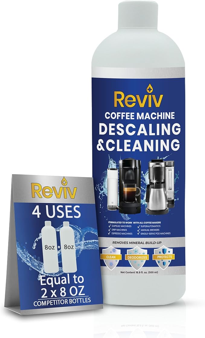 REVIV Coffee Maker Descaling Solution (4 Uses) 16.9 fl oz – Universal Coffee Descaler for Keurig, Nespresso, Breville & Delonghi Machines – Descaler for Multi-Cup & Single Serve Brewers