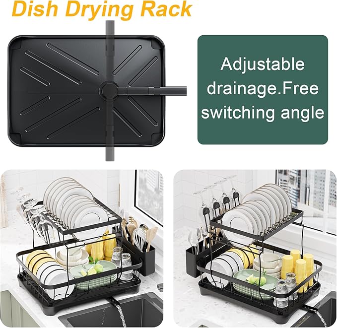 LIYI Dish Drying Rack,Large Dish Rack for Kitchen Counter,2-Tier Dish Racks with draining Tray,Detachable Capacity Dish Drainer Organizer,Black