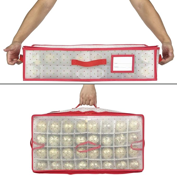 Sattiyrch Plastic Christmas Ornament Storage Box with Trays,Customizable Dividers, Dust-Proof Durable Ornament Organizer Holder,Christmas Storage Containers,Holds 64 x 3 Ornaments,Underbed