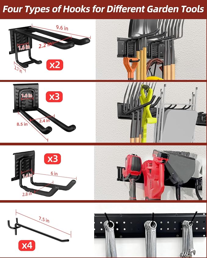 64-Inch Garage Storage Tool Organizer Wall Mount, Heavy Duty Garage Organization Metal Rack with 12 Hooks, Garden Tool Hanger Holder for Broom, Shovels, Ladders, Lawn Tools