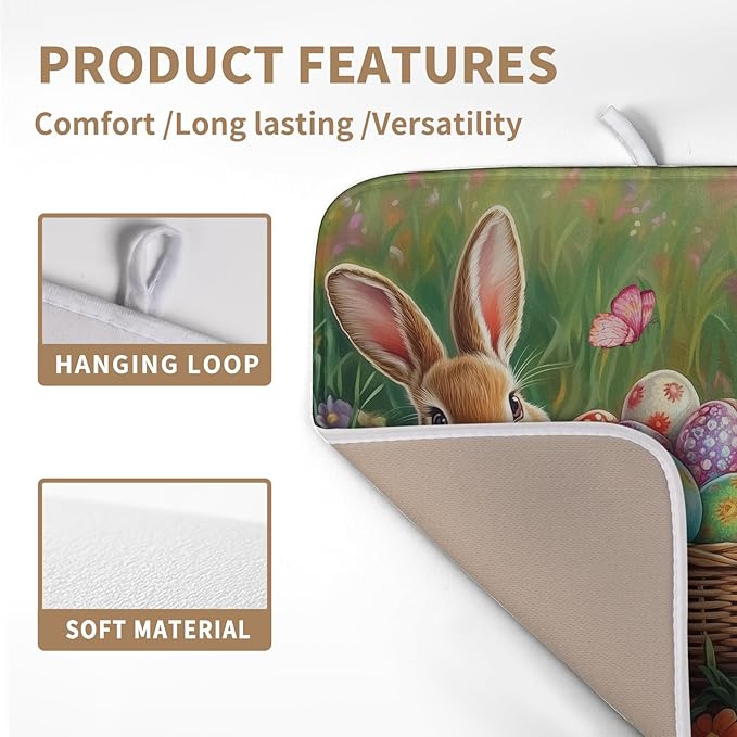 Wnoesat Easter Bunny Eggs Dish Drying Mat for Kitchen Counter 16x18 Inch Spring Easter Rabbit Flowers Drying Mat Microfiber Dish Drainer Rack Mats Absorbent Reversible Dishes Pad Dish Dryer Mat