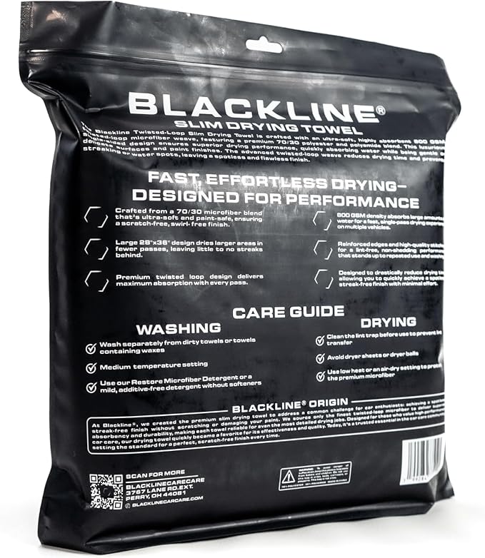 Blackline 24"x36" Slim Twisted-Loop Drying Towel, 800GSM, Streak Free, Lint Free, Reusable - Car Accessories, Bath Towels, Microfiber Cleaning Cloth - One Pass is All You Need