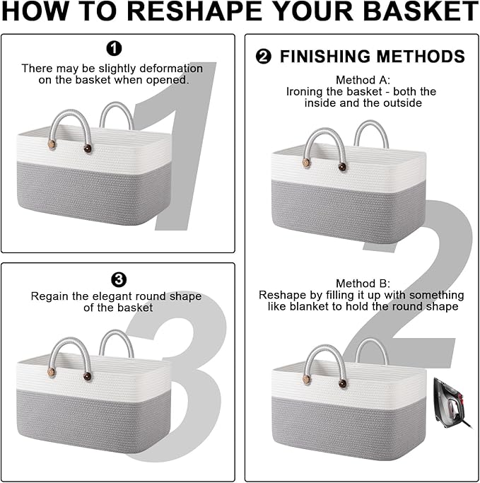 OIAHOMY 75L Large Blanket Basket, 22”x17”x12” Rectangle Woven Baskets For Storage, Nursery Blanket Storage Living Room, Toy Box With Long Handle-Gradient Grey With White