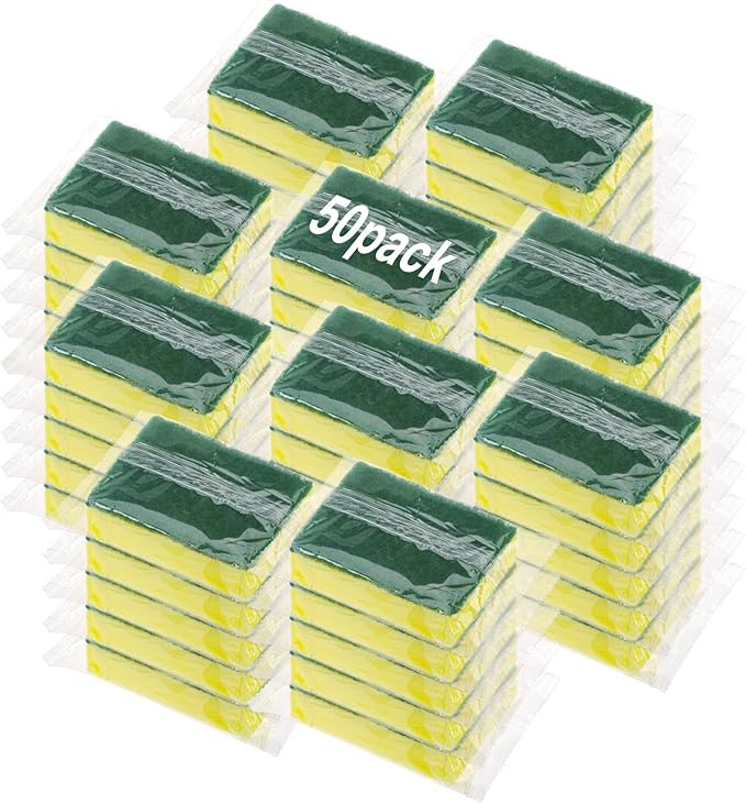 Ovveroche 50 Pcs Individually Wrapped Sponges, Uncompressed Non Scratch Scrouing Sponges for Household Cleaning Dishes Kitchen Airbnb Apartment Car Bike Green