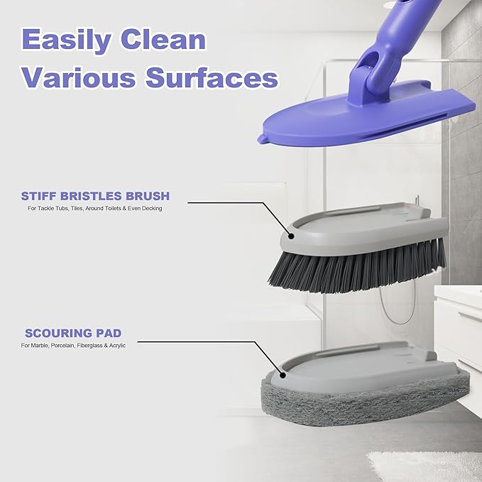 TRENNCHI 2 in 1 Tile Tub Scrubber Brush with 46.8" Extendable Long Handle, Shower Mop and Tub Cleaning Brush with 2 Different Function Cleaning Heads for Cleaning Bathroom Kitchen Wall Bathtub Floor