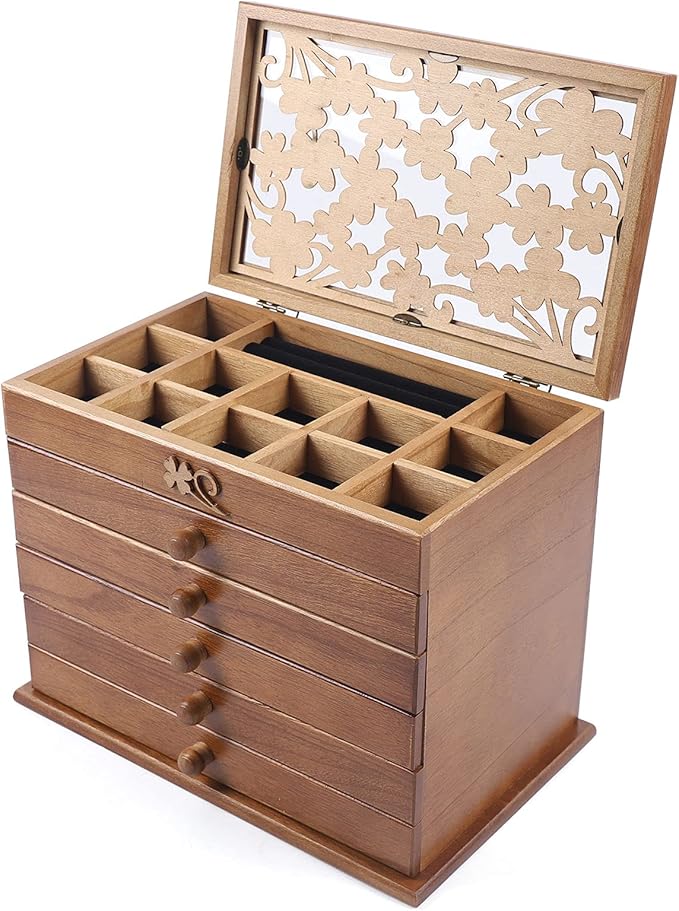 Eapmic Extra Large Four-Leaf Carved 6 Layers Wooden Jewelry Box Jewelry Case Cabinet Armoire Ring Necklacel Gift Storage Box Organizer (Brown Style 1)
