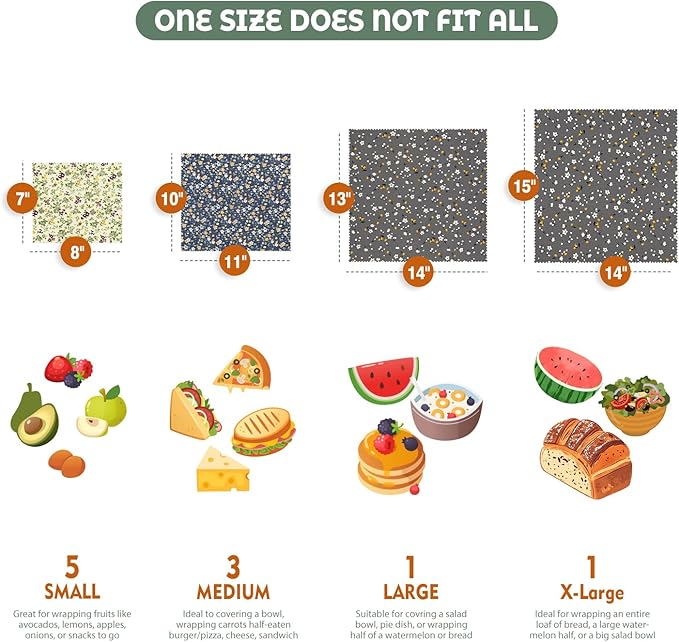 Akeeko Reusable Beeswax Food Wraps - Assorted 9 Packs, Eco-Friendly Reusable Wrap, Biodegradable, Zero Waste, Organic Cloth, Sustainable, Plastic-Free Food Storage, 1Large, 3Medium, 5Small Sizes