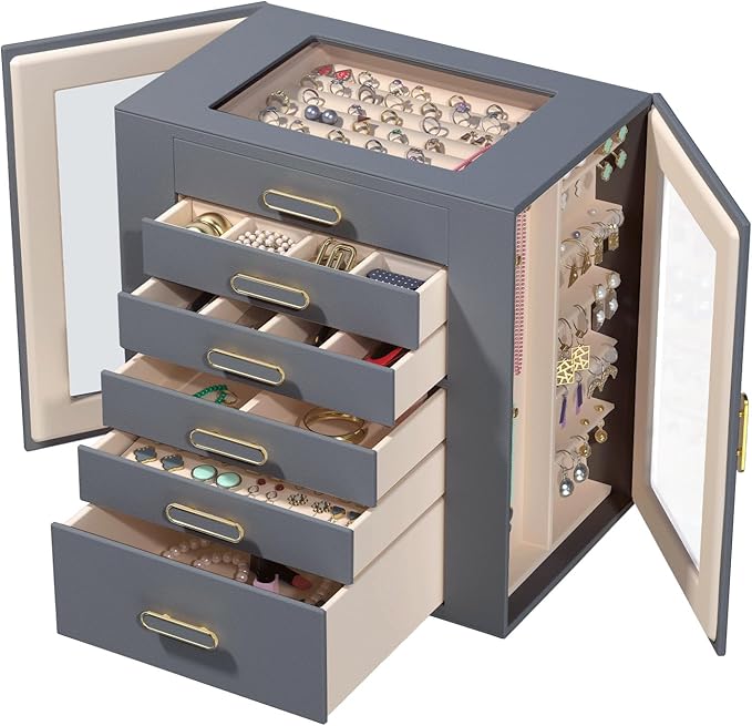 Jewelry Boxes for Women, 6 Layer Jewelry Organizer with Glass Lids, Jewelry Holder Organizer with 5 Drawers and 2 Glass Doors for Jewelry Storage, Big Jewelry Box for Womens Gift (Grey)