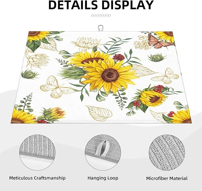 Sunflowers Dish Drying Mat Microfiber Kitchen Drying Mat Large Butterfly Dish Drying Mats for Kitchen Counter Absorbent Quick Drying Pad 18x24 Inch