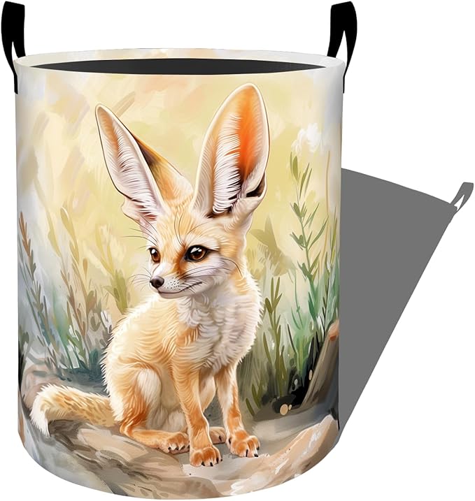 Cute Fennec Fox in Desert Laundry Basket with Handles, 19.7"x15.7" Clothes Foldable Laundry Hamper Organizer for Dorm Nursery Bedroom Bathroom Decor, Toy Storage Bin for Kids