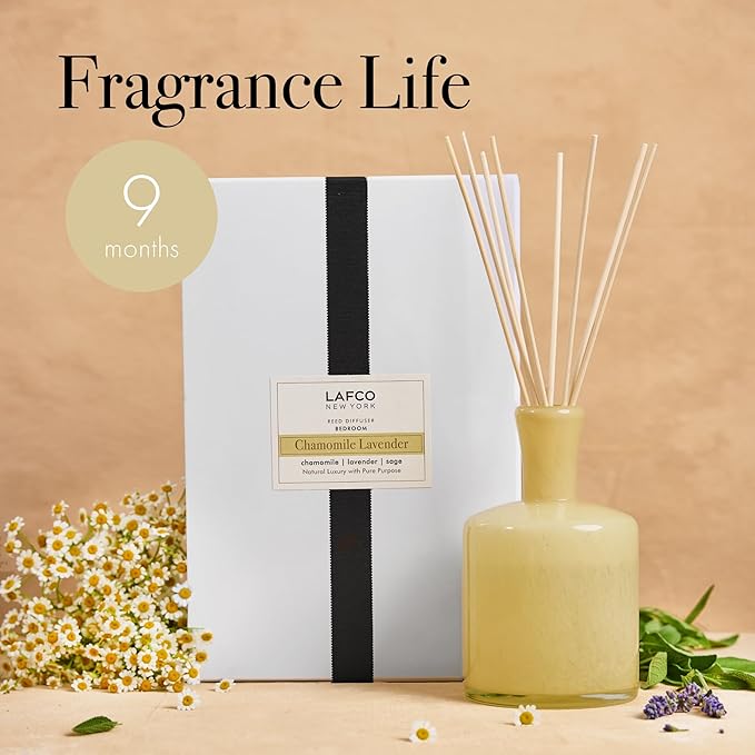 LAFCO New York Signature Reed Diffuser, Chamomile Lavender - 15 oz - Up to 9 Months Fragrance Life - Reusable, Hand Blown Glass Vessel - Natural Wood Reeds - Made in The USA