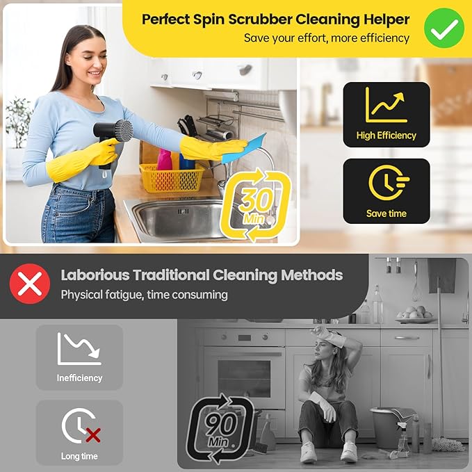 StarVal Electric Spin Scrubber, 3000 mAh Cordless Power Scrubber with 8 Replaceable Heads, Dual Speed Lightweight Handheld Scrubber for Cleaning Stove/Bowl/Sink/Corner/Tile/Grout (Black)