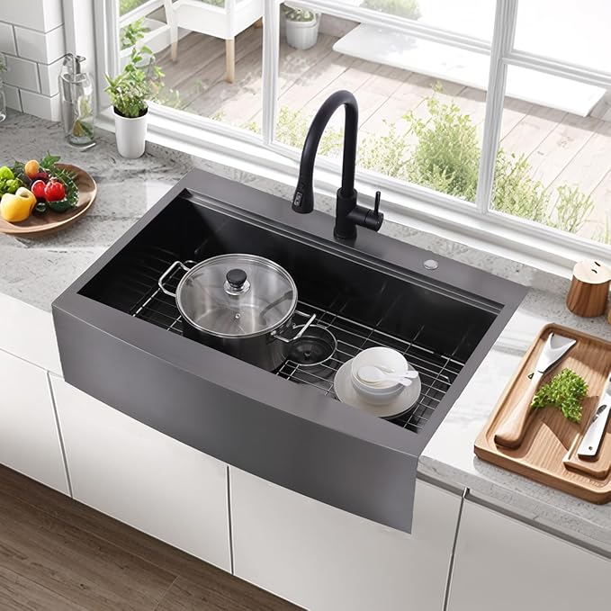 VC CUCINE 33x22 Inch Drop In Gunmetal Black Farmhouse Sink, 16 Gauge Stainless Steel Single Bowl Apron Front Workstation Farm Sink With Accessories