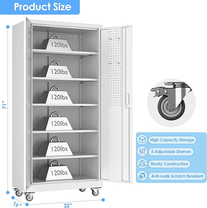 71" H Metal Garage Storage Cabinet with Wheels,Lockable Rolling Steel Storage Cabinet with 5 Adjustable Shelves and Pegboard for Garage, Office, Home, Assembly Required（White）