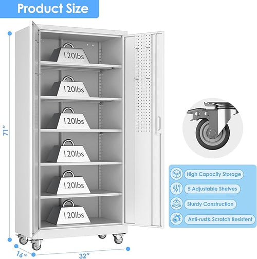 71" H Metal Garage Storage Cabinet with Wheels,Lockable Rolling Steel Storage Cabinet with 5 Adjustable Shelves and Pegboard for Garage, Office, Home, Assembly Required（White）