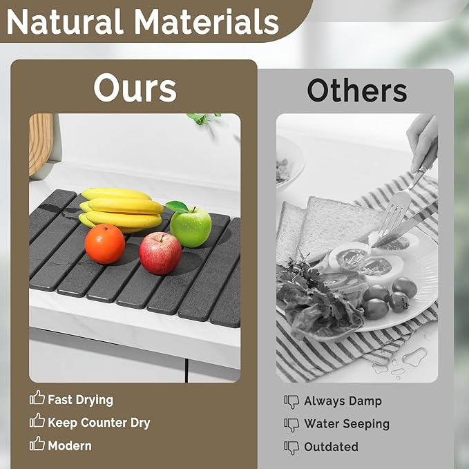 Large Stone Dish Drying Mat for Kitchen Counter, 2PCS 24"×16" & 8“x4" Quick Dry Stone Dishes Mats, Marbled Water Absorbing Diatomaceous Earth Drying Pad for Countertop Bottles Utensils Cups,Dark Gray
