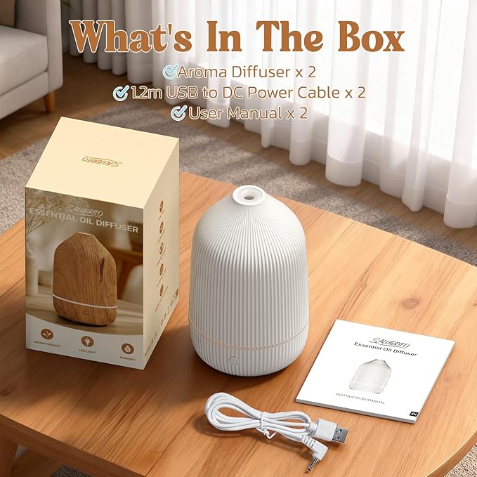 Essential Oil Diffuser, 2Pack, 100ml Aromatherapy Diffuser, Mini Ultrasonic Diffuser for Essential Oil, Home, Office, Cool Mist Humidifier with 7 Led Light, Auto Shut-Off, White