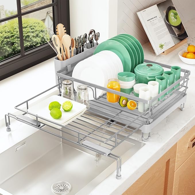 Kitsure Extendable Dish Drying Rack - Rust-Resistant Dish Racks for Kitchen Counter with Adjustable Support Legs, Cutlery Holder & Removable Draining Tray (Grey, 15.6''-25.2''L × 16.9''W × 8.1''H)