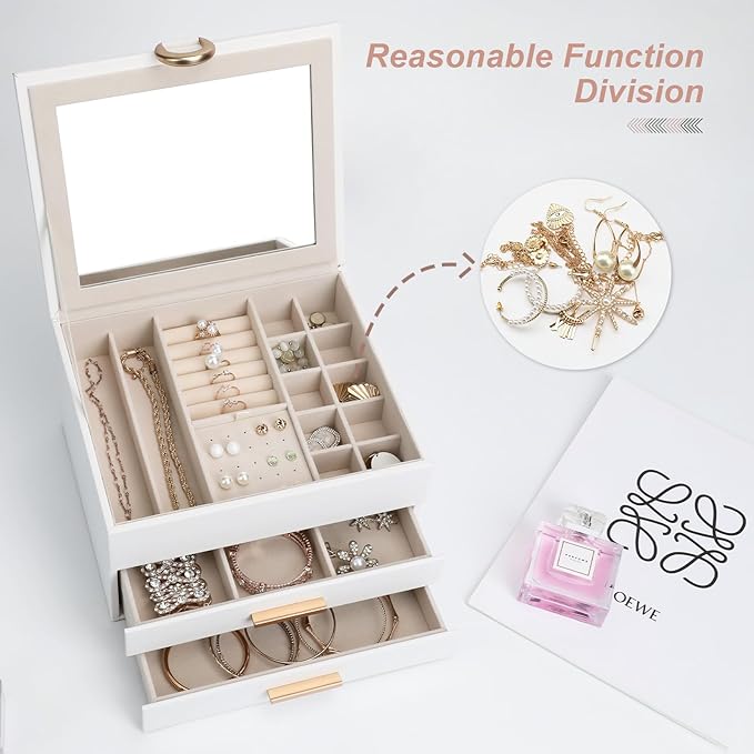 Elegant Jewelry Storage Box with Mirror 3-Tier Design with Smooth-Gliding Drawers Jewelry Organizer Perfect Christmas Birthday Gift for Wife Mom Women White