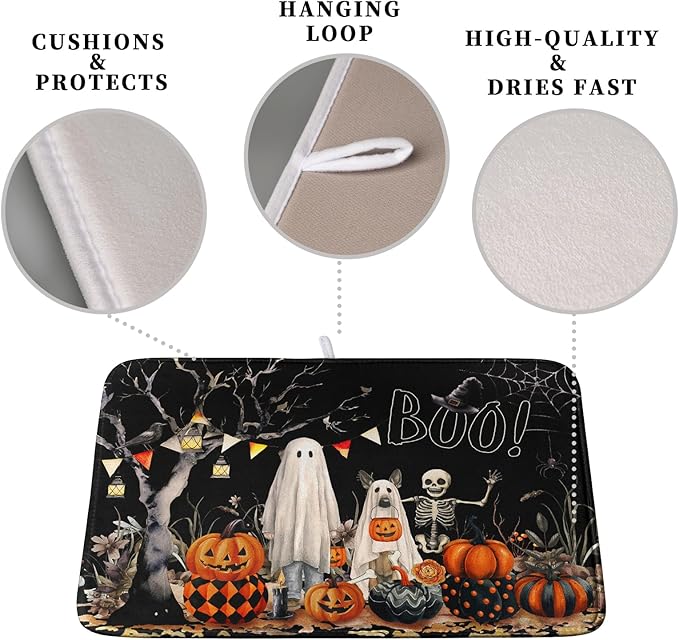 Kwlegh Halloween Dish Drying Mat for Kitchen Counter 16x18 Inch Black Ghost Pumpkins Dog Boo Skull Dishes Drainer Mats Absorbent Microfiber Washable Dish Draining Pad for Sink Coffee Bar